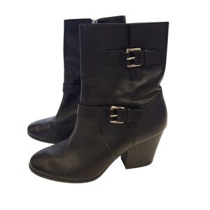 Michael Kors‎ Black Leather 2 Buckle Mid Calf Boots Size 11 Block Heel Moto